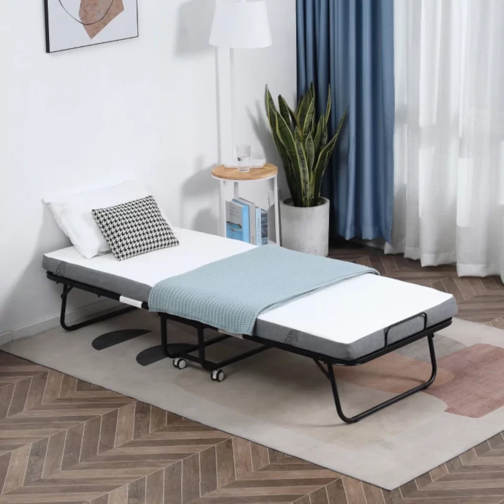 fully assembled foldable bed with mattress in a modern bedroom setting.
