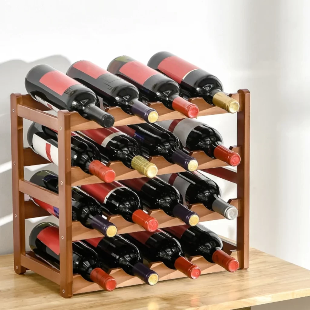 Fully assembled wooden wine rack filled with multiple wine bottles on four storage tiers.
