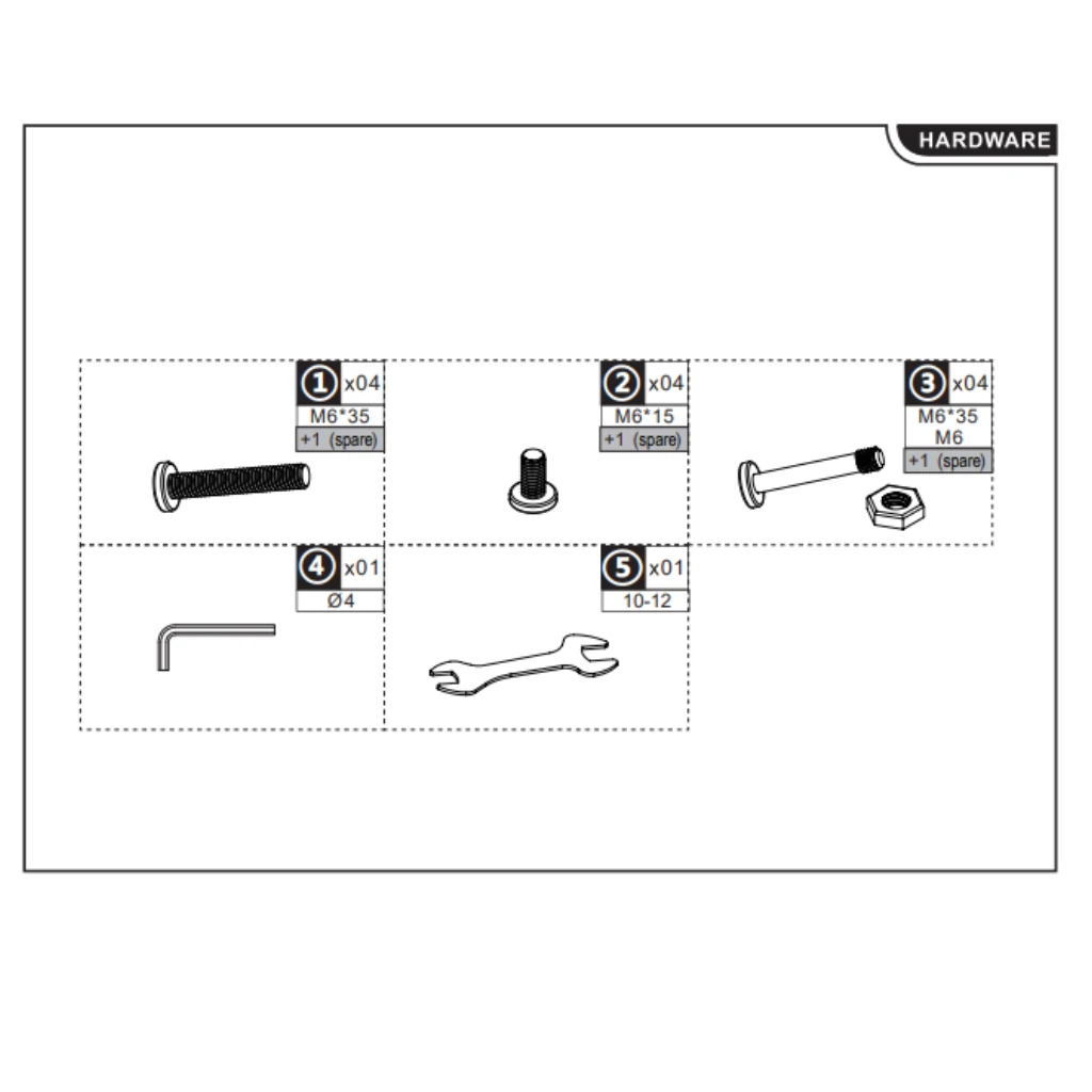 complete hardware set including bolts, nuts, Allen key, and wrench arranged clearly.
