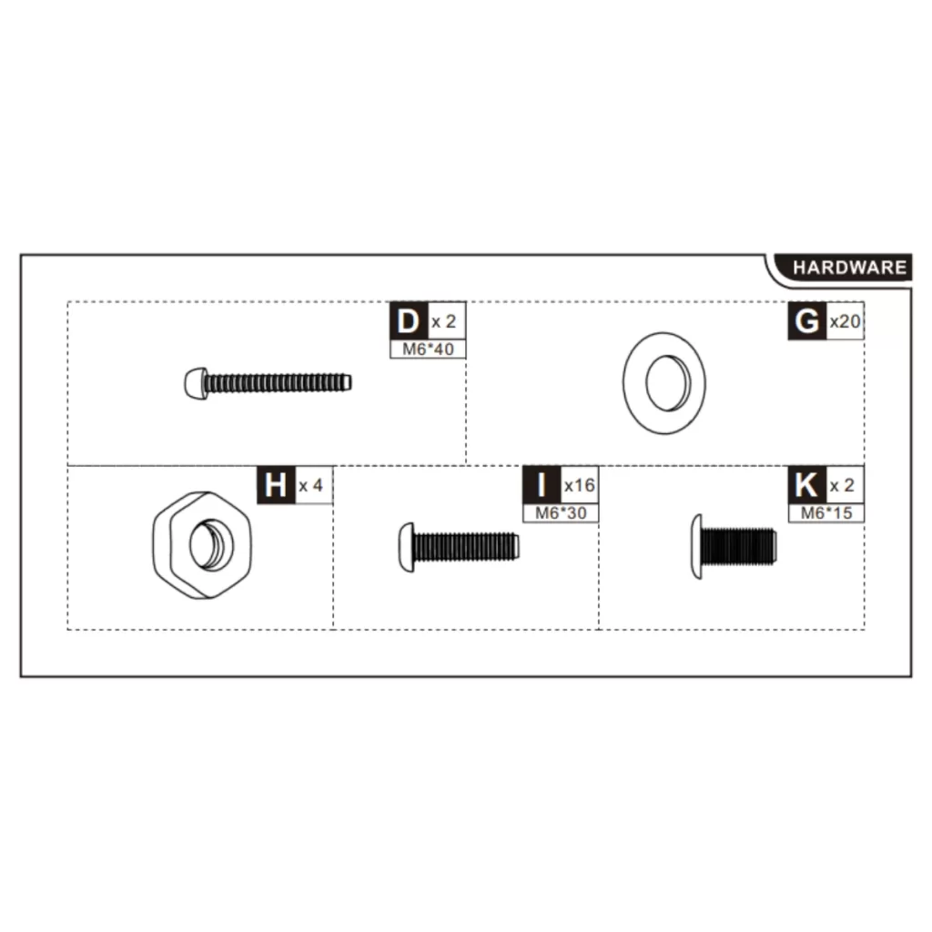 Illustrated guide to sofa assembly hardware: bolts, washers, and nuts.