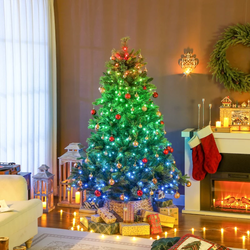Christmas tree glowing with multicolour lights in living room.
