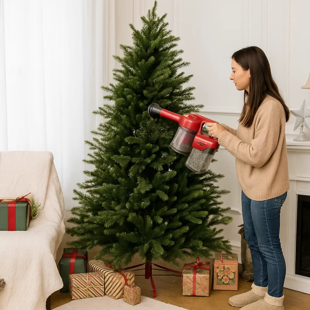 Woman vacuuming a large artificial Christmas tree to remove dust before decorating.