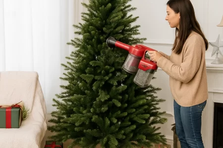 Woman vacuuming a large artificial Christmas tree to remove dust before decorating.