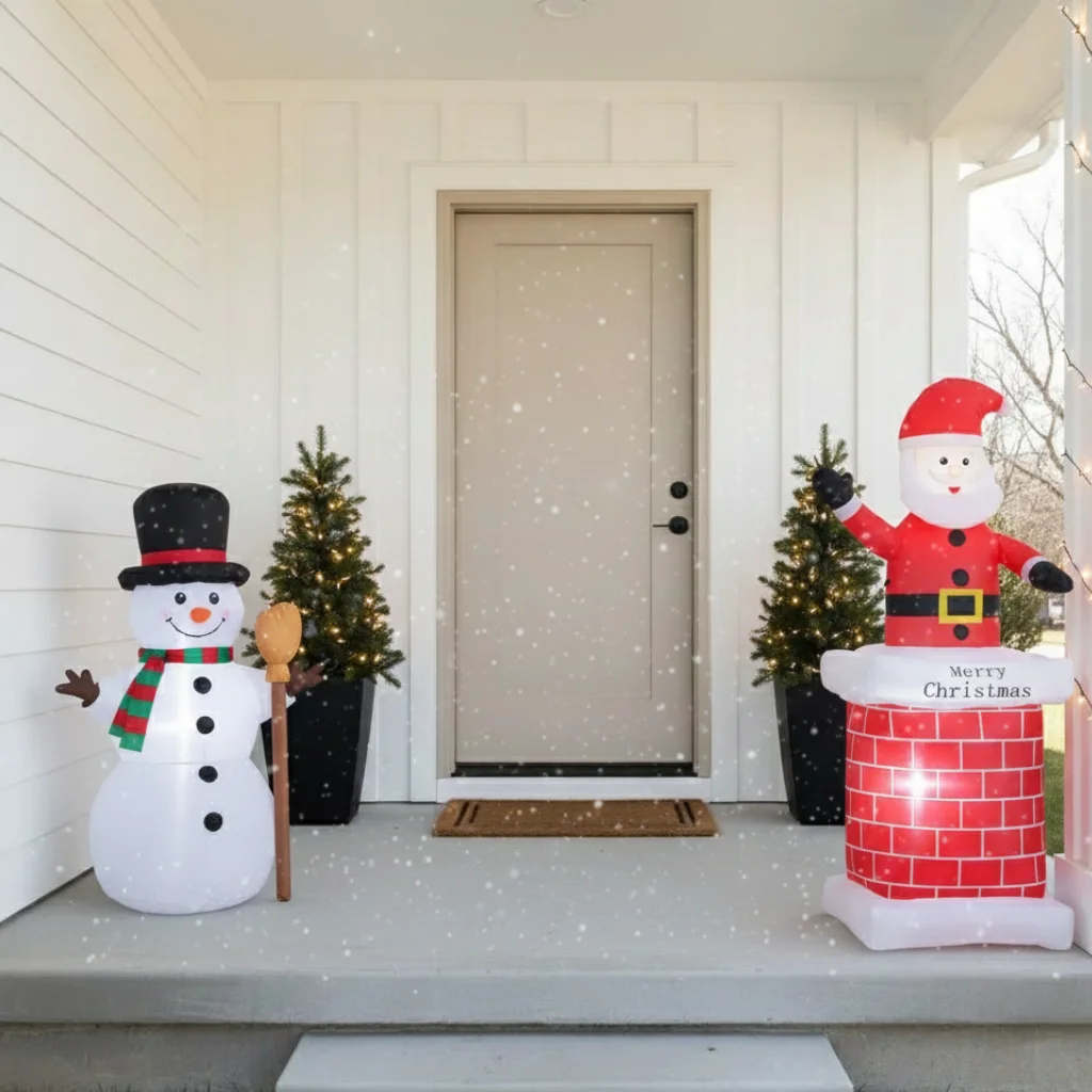 Snowman and Santa inflatables decorating a porch.