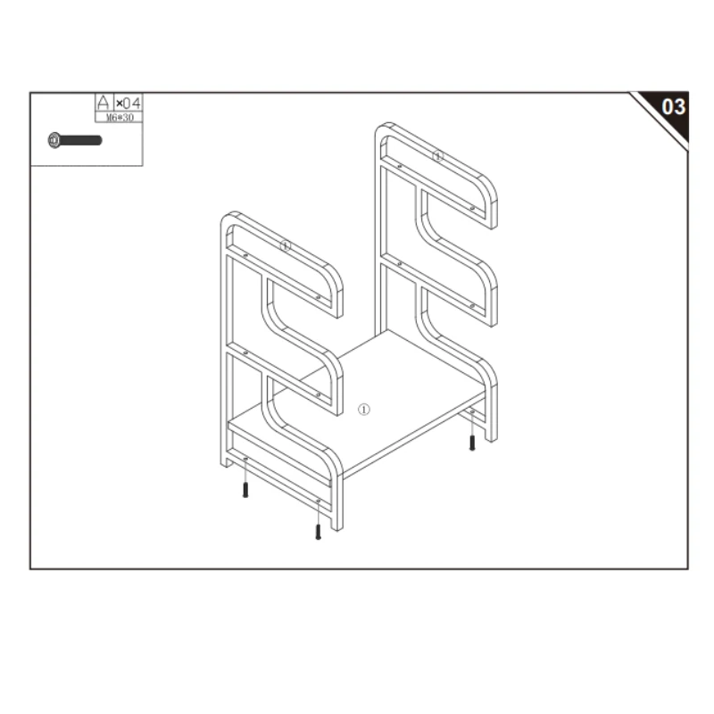 Illustration showing the bottom shelf being positioned and fastened to both metal frame sides using bolts.