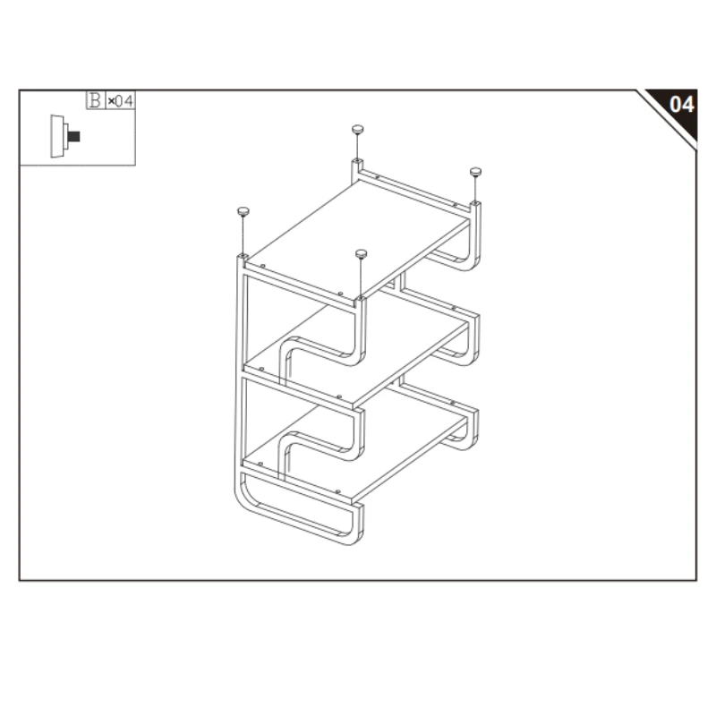 Diagram showing adjustable levelling feet being screwed into the bottom of the shelf legs for stability.