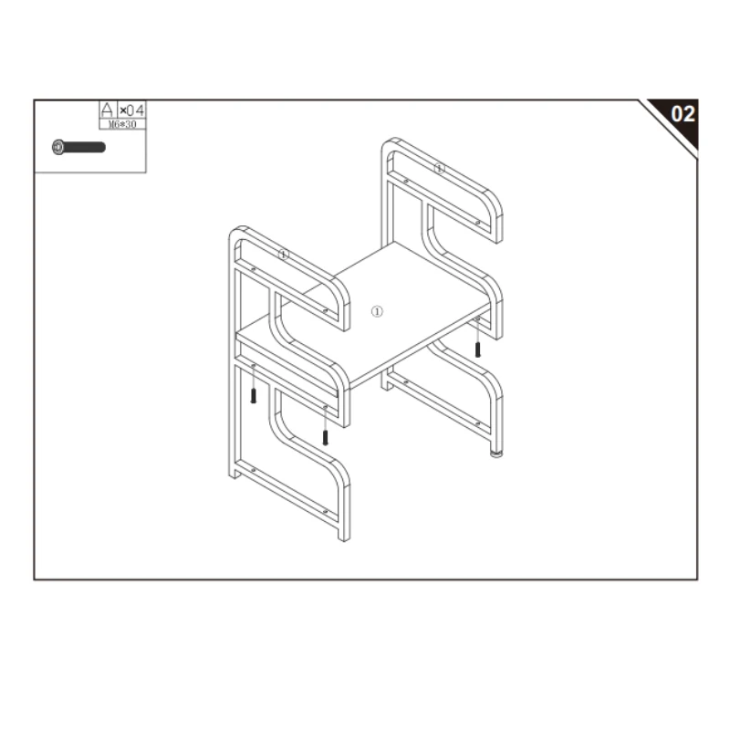 Illustration showing the middle shelf being attached to metal frame supports with bolts.
