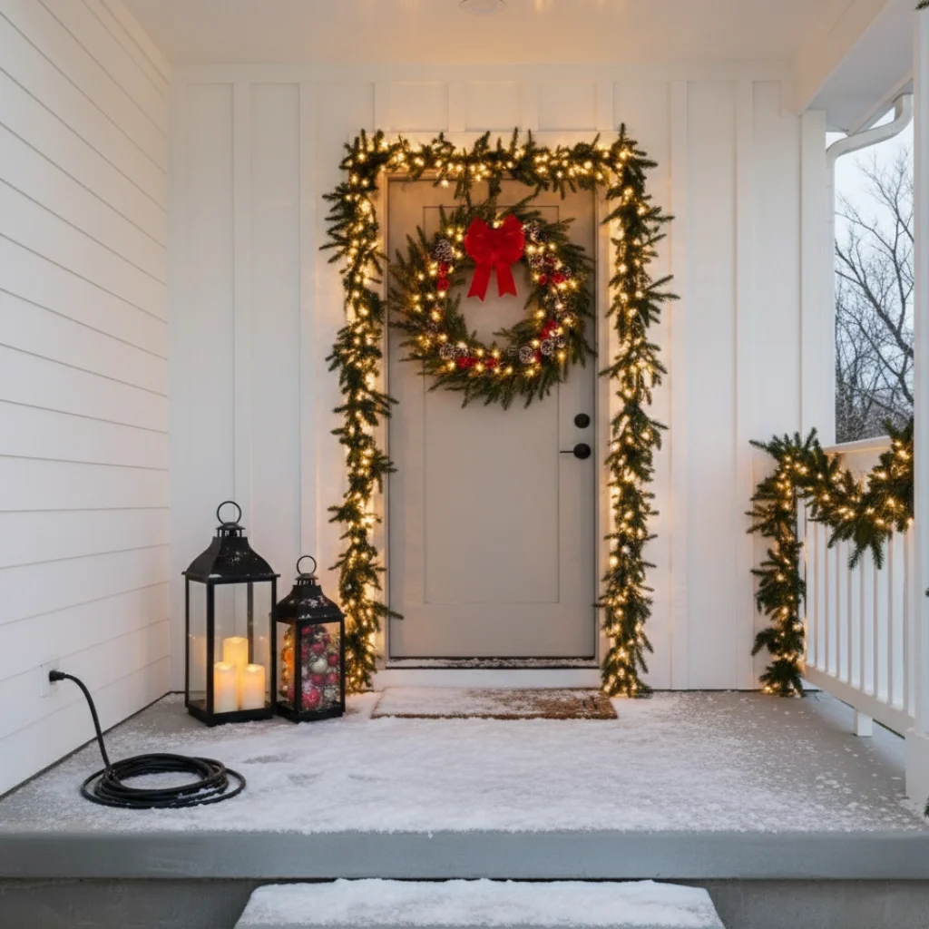 Snow-covered porch decorated with lit garland and lanterns.