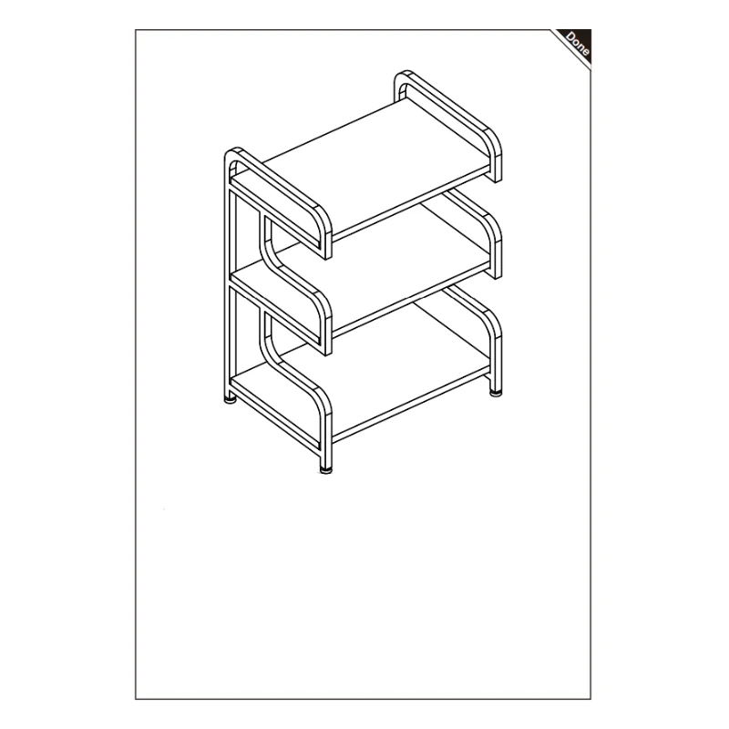 Completed three-tier storage shelf standing upright with adjustable feet for balance and stability.