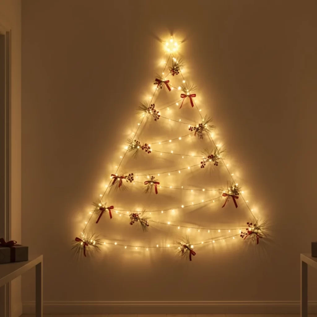 String lights and bows arranged on a wall to look like a Christmas tree.