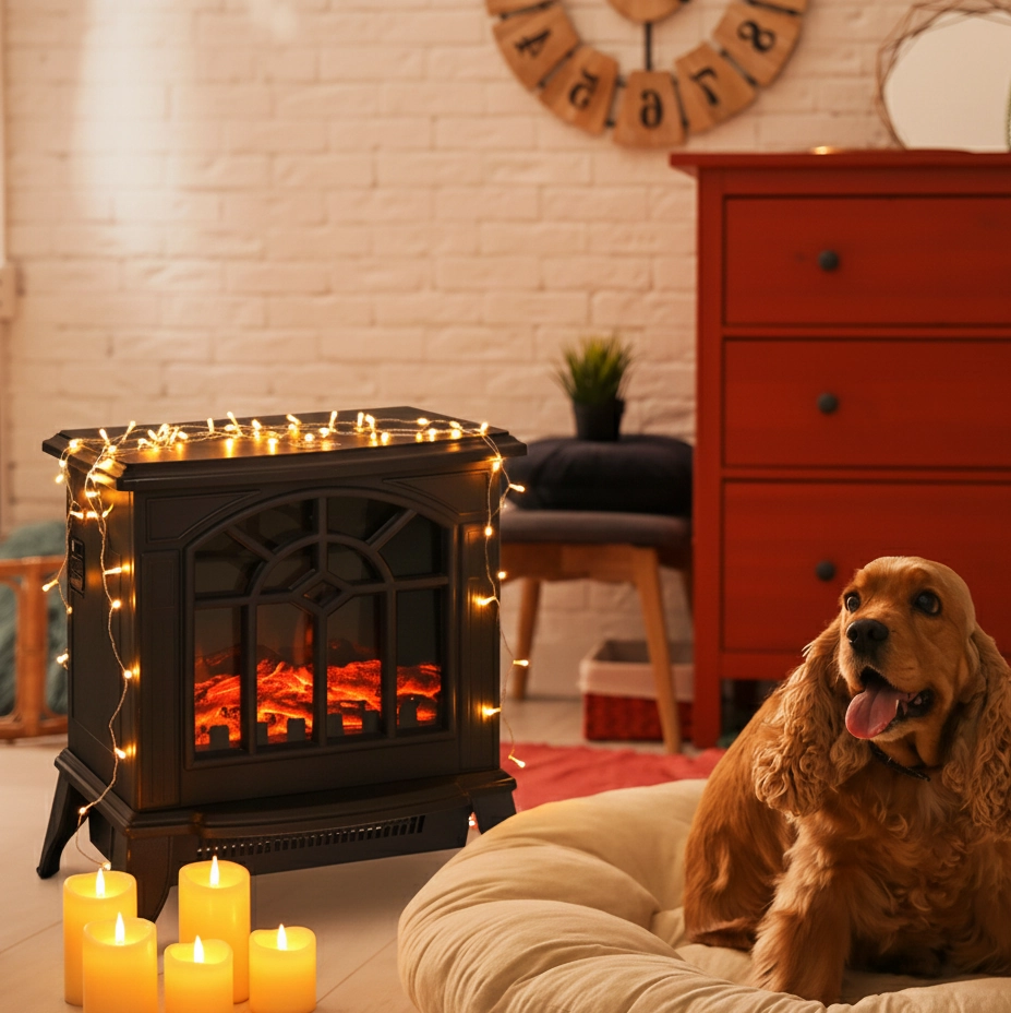 String lights and candles around black electric heater.