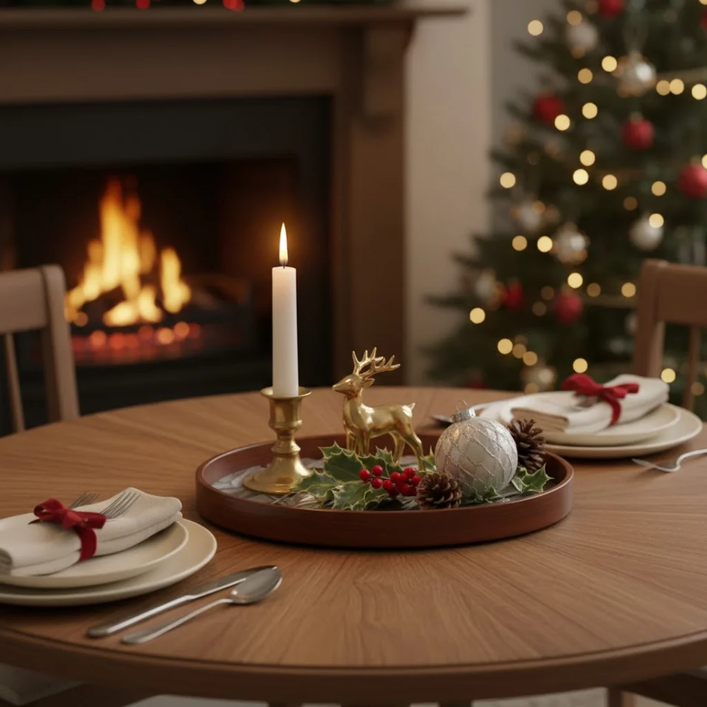 Round table with a small Christmas tray featuring candles, holly, and ornaments.
