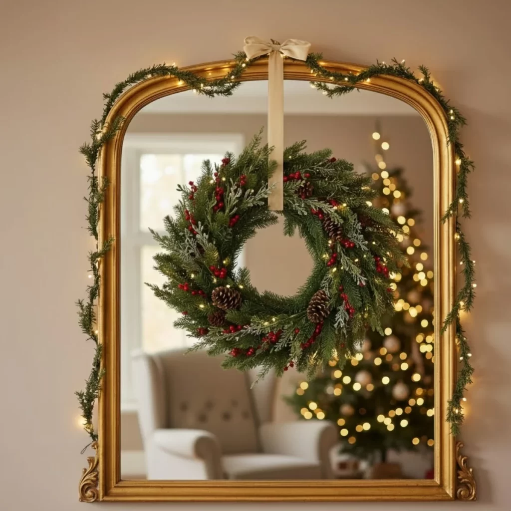 Lighted Christmas wreath hanging on a large gold framed mirror.