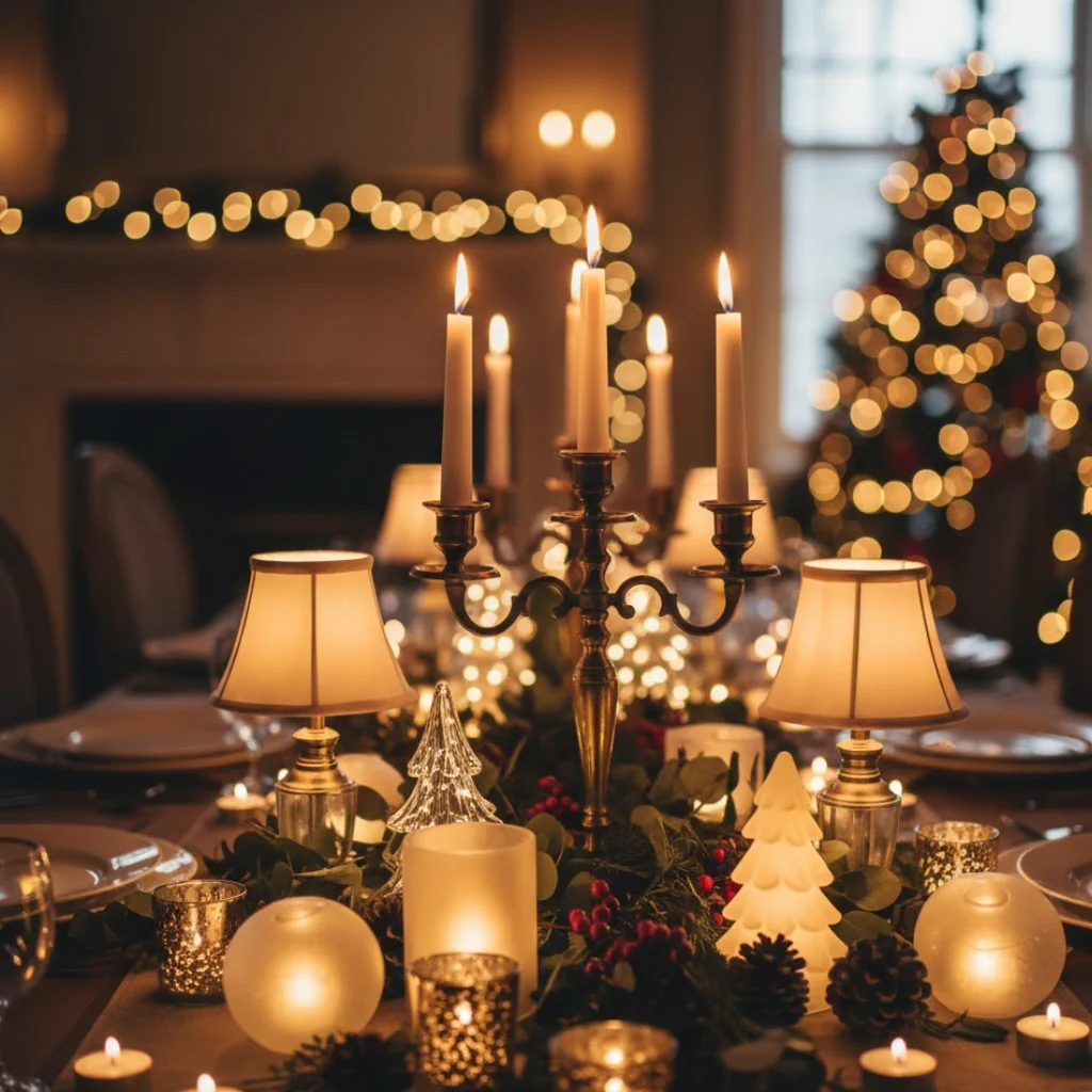 Christmas table decorated with candles, lanterns, and warm glowing lights.
