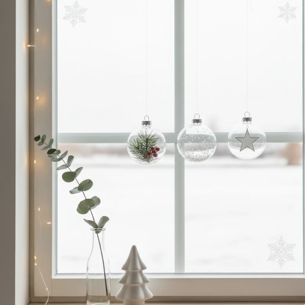 Minimal window décor with hanging clear baubles, small ceramic tree, and eucalyptus stem
