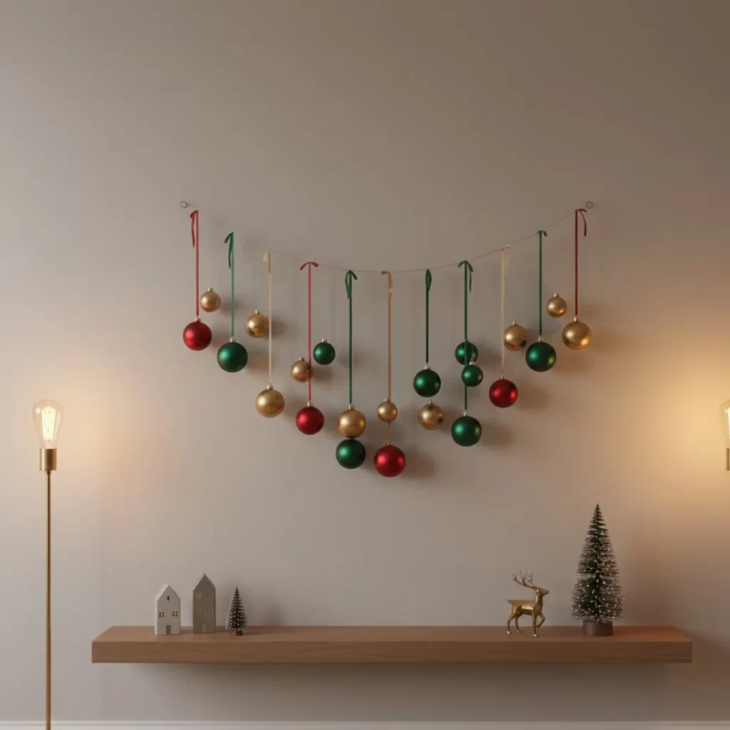 Red, green, and gold ornaments hanging in a decorative wall arrangement.