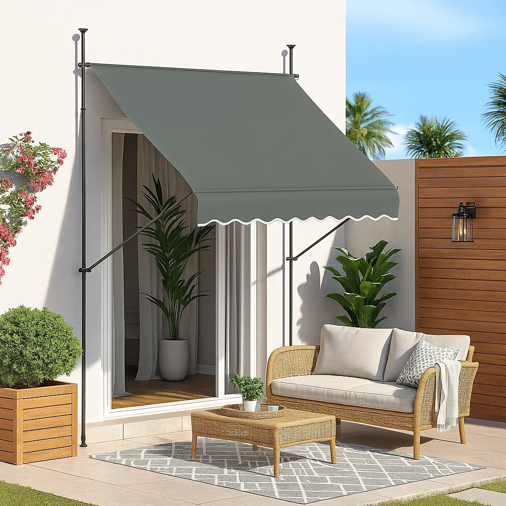 Outdoor freestanding awning shading a patio seating area.