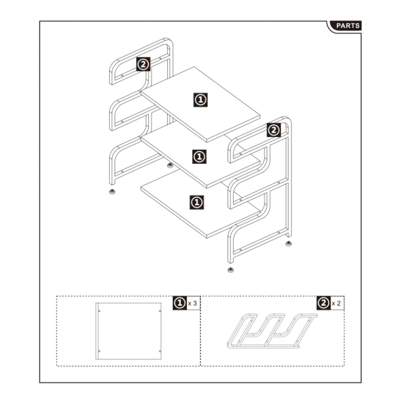 Visual layout showing three shelves and two metal side frames included for the storage unit assembly.