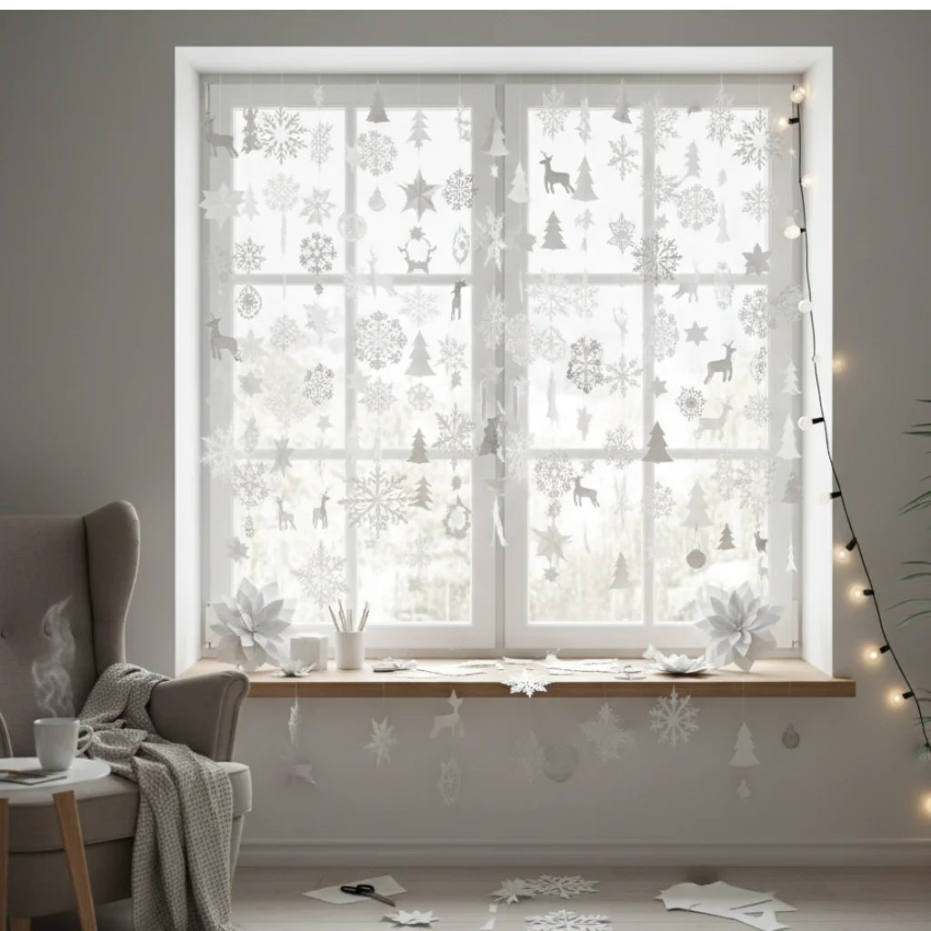 Paper snowflakes and holiday cutouts covering a window for handmade Christmas décor
