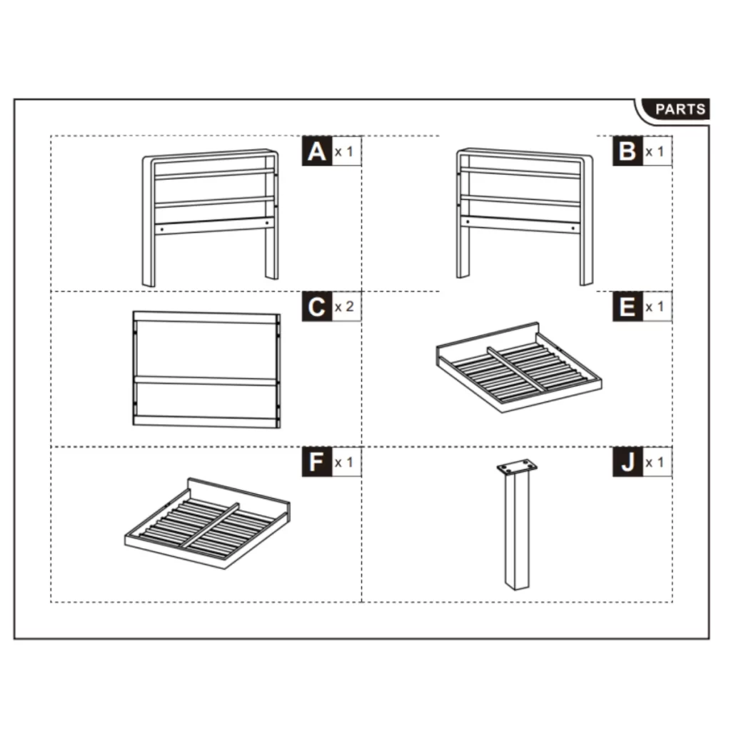 Diagram showing parts A, B, C, E, F, J for the sofa assembly.