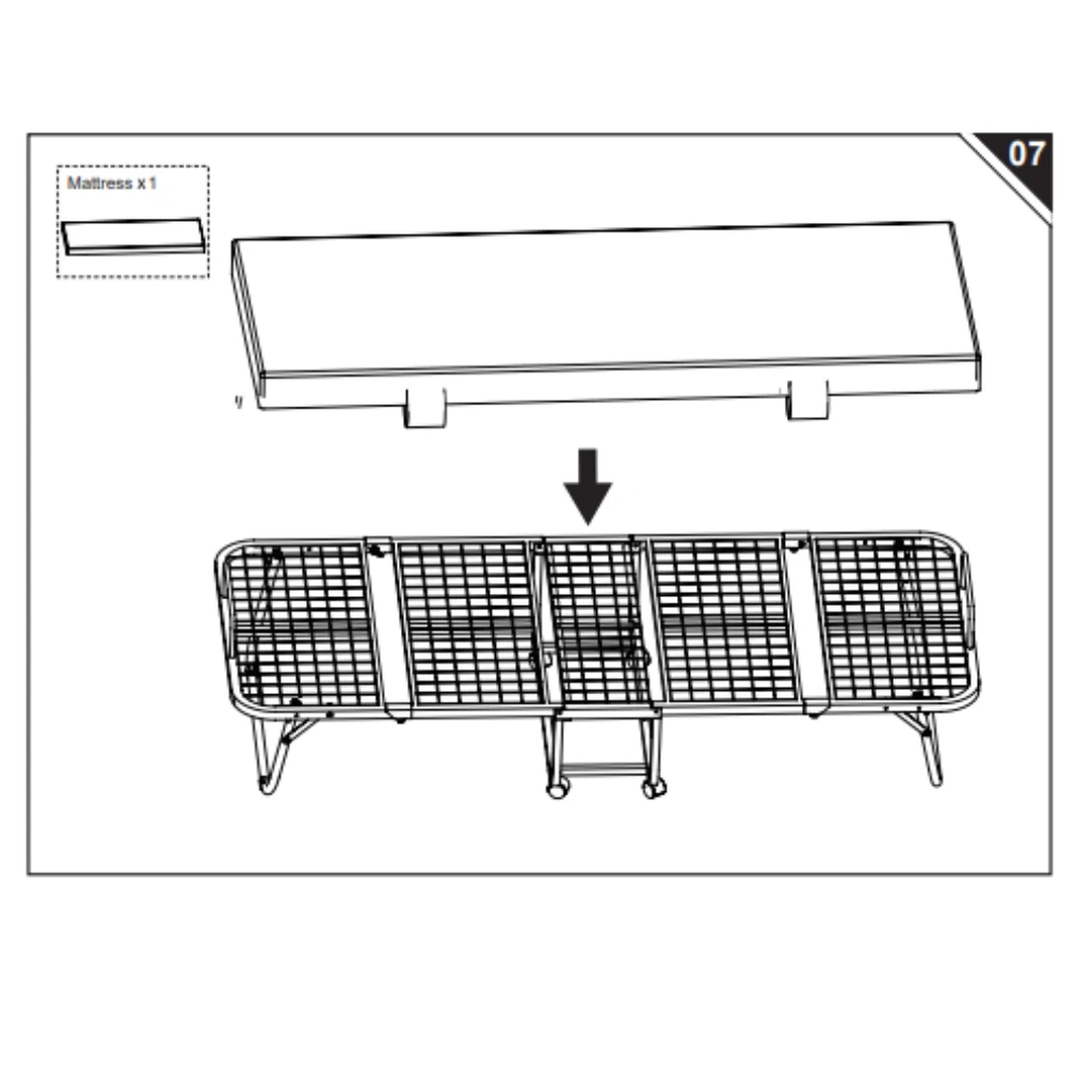 mattress lowered onto expanded mesh bed frame.

