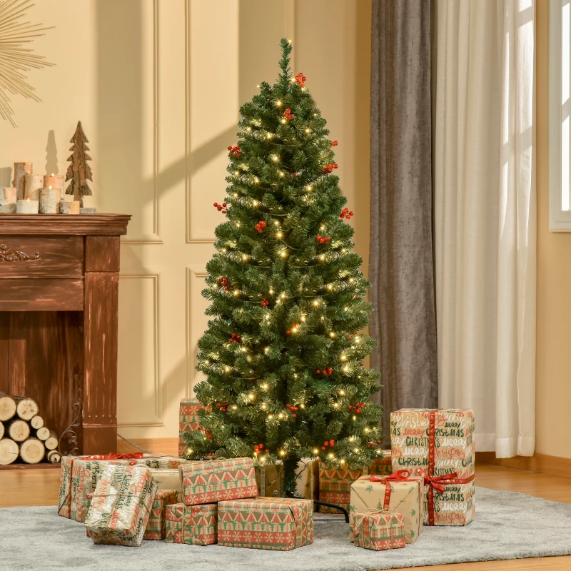 Lit Christmas tree surrounded by wrapped presents.
