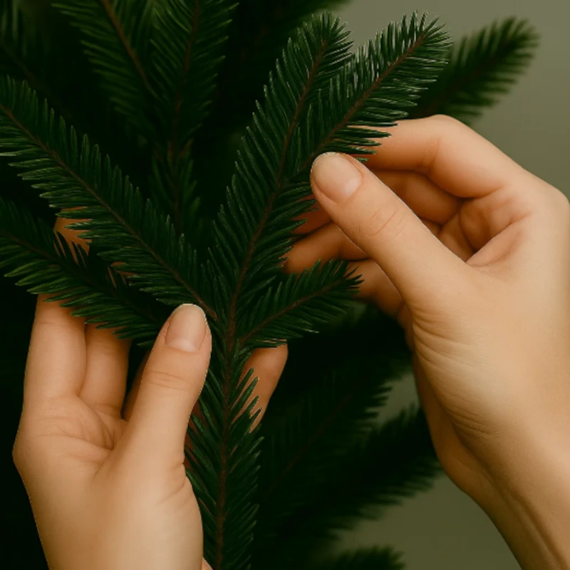 Hands reshaping and fluffing artificial tree branches for a fuller, natural look.