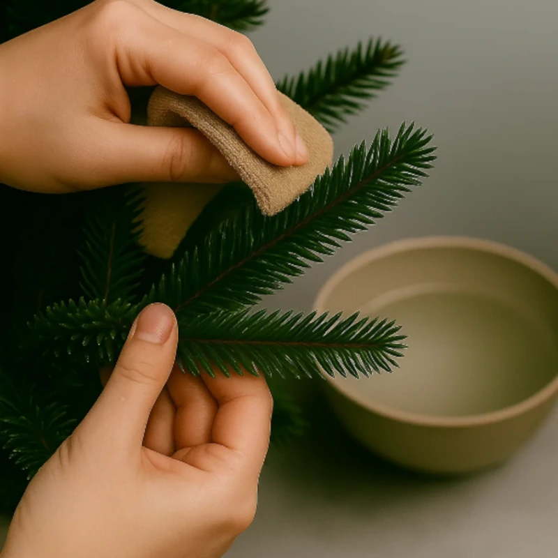 Hands wiping artificial tree branches with a cloth to remove leftover soap.