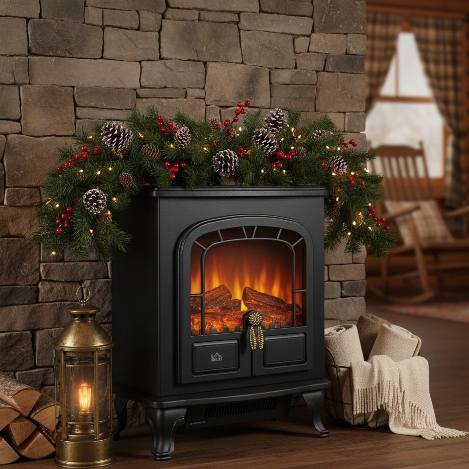 Greenery with pinecones and berries on black wood stove.