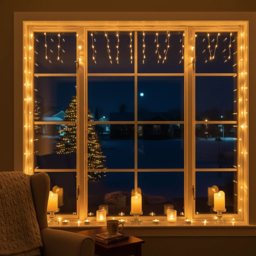 Warm window decorated with candles and soft string lights overlooking a snowy night
