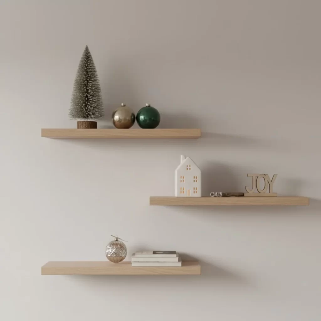 Three floating shelves with Christmas tree, ornaments, and decor.