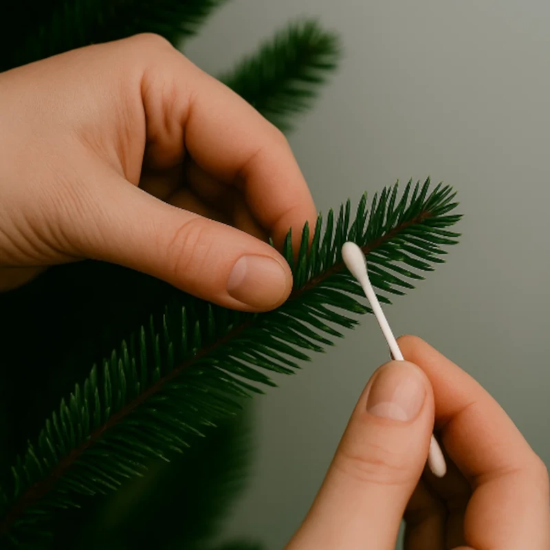 Person cleaning artificial tree needles with a cotton swab for detailed spot cleaning.