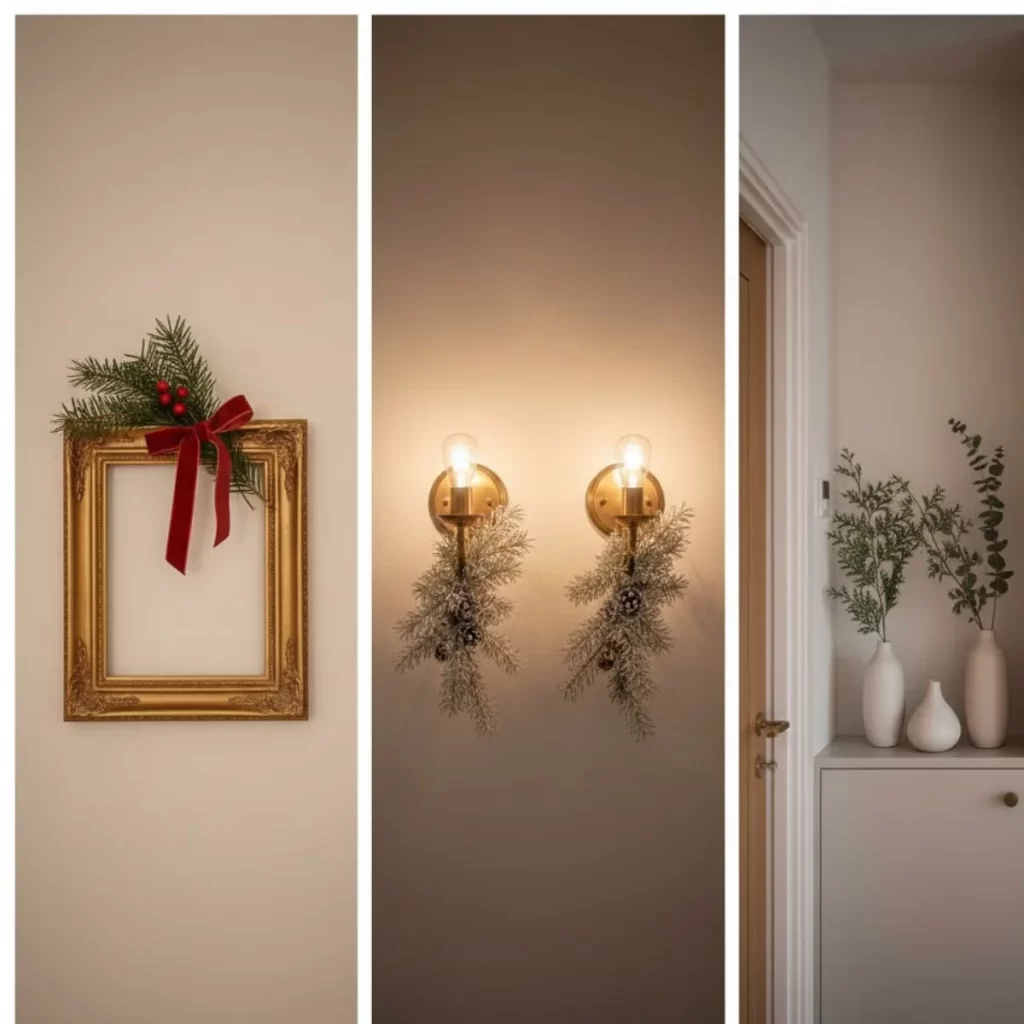 Three Christmas wall decor concepts including a wreath frame and sconce sprigs.