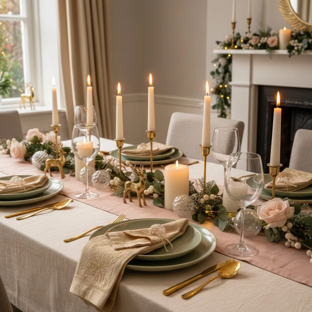 Elegant Christmas table with pink runner, gold accents, and soft winter florals.

