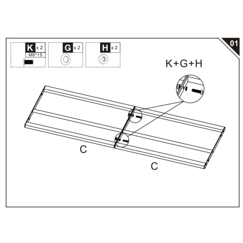 Assembly instruction step 1: connecting two C panels with hardware.