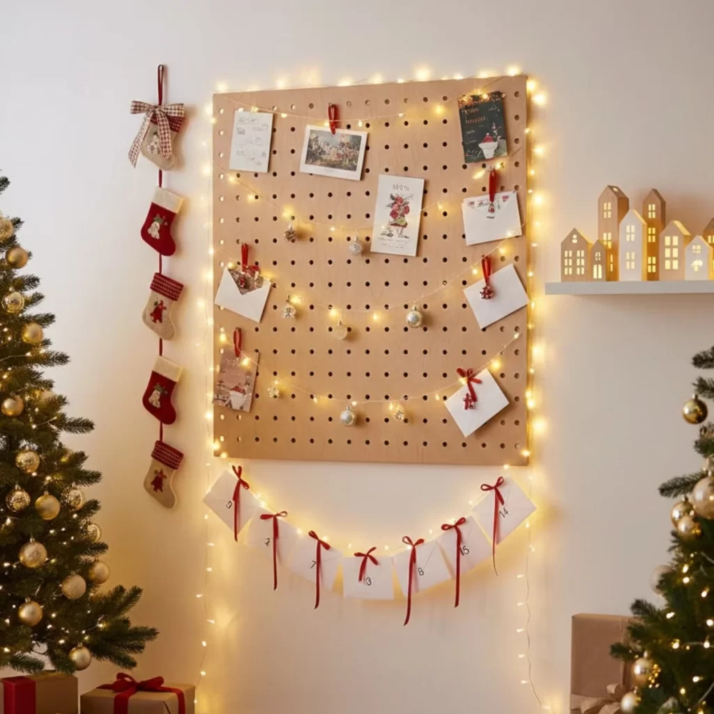 Pegboard display with advent calendar, stockings, cards, and lights.