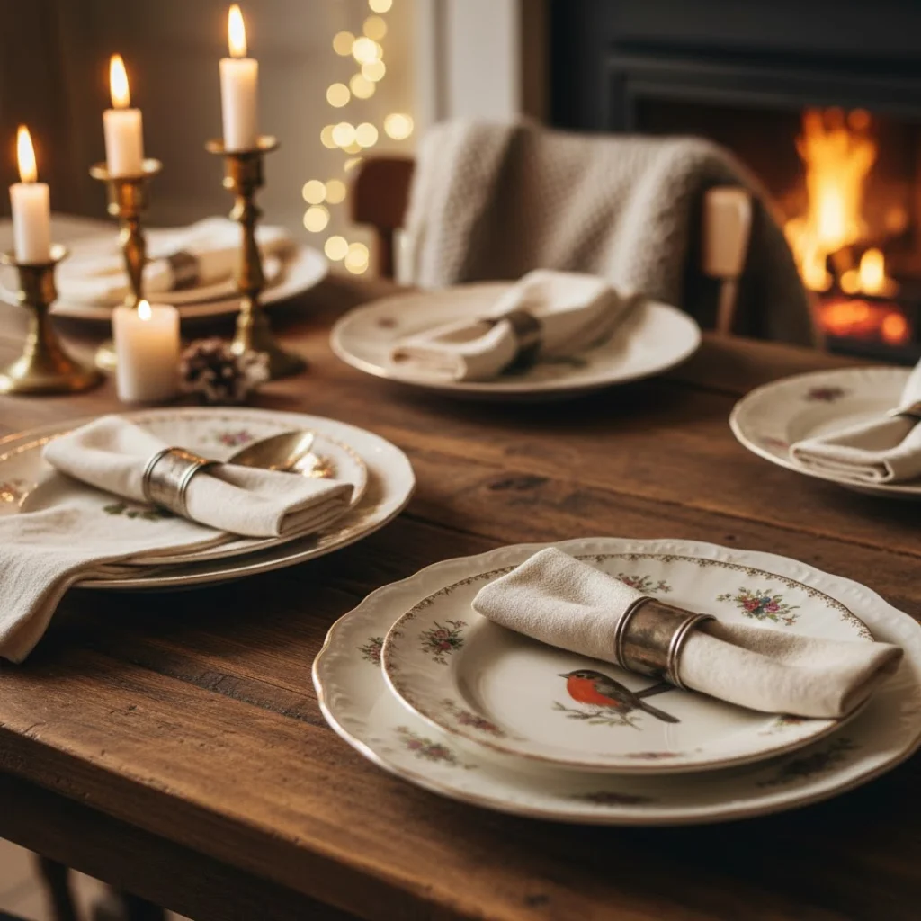 Wooden table set with vintage floral plates, linen napkins, and brass candleholders.
