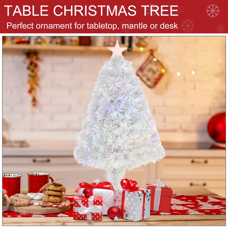 Small white tabletop Christmas tree with gifts.