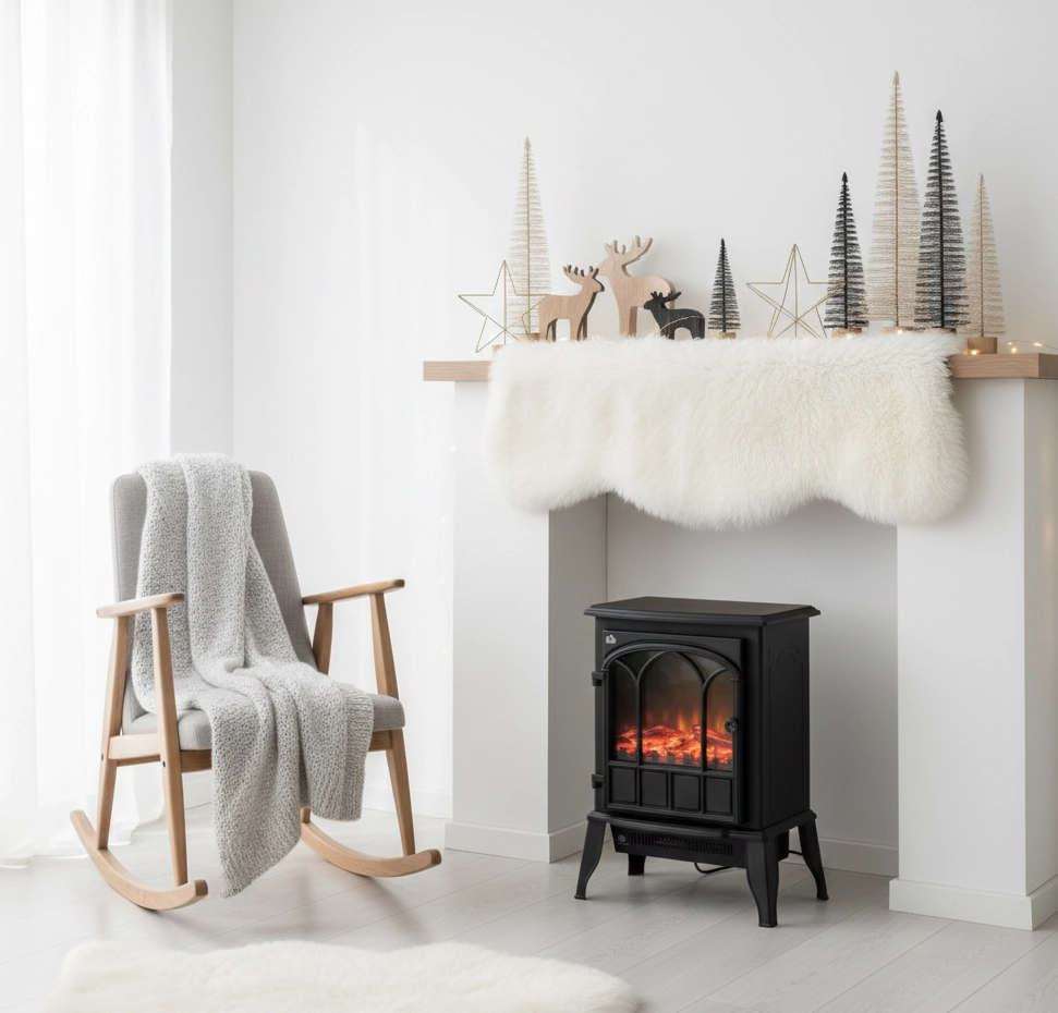 White mantel with wooden reindeer and soft faux fur décor.