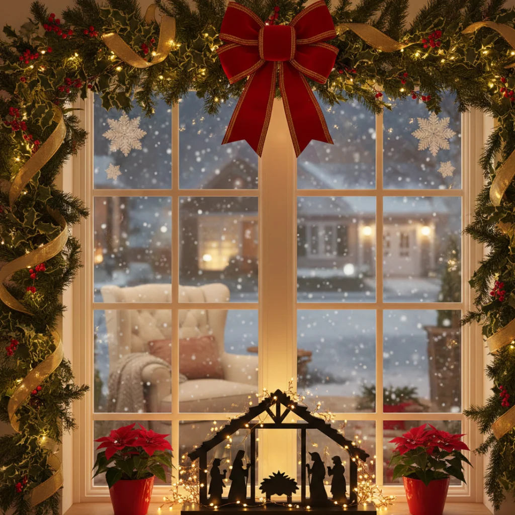 Classic Christmas window with garlands, red bow, poinsettias, and a nativity silhouette
