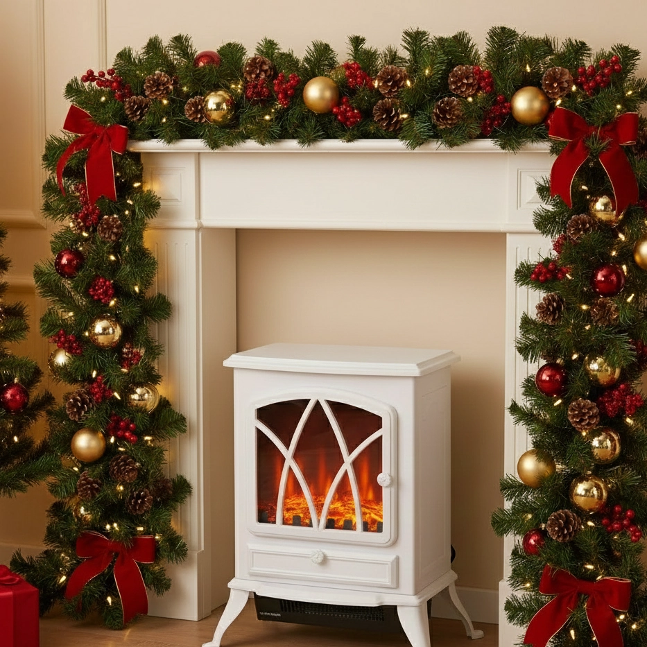 White electric stove with red and gold garland décor.