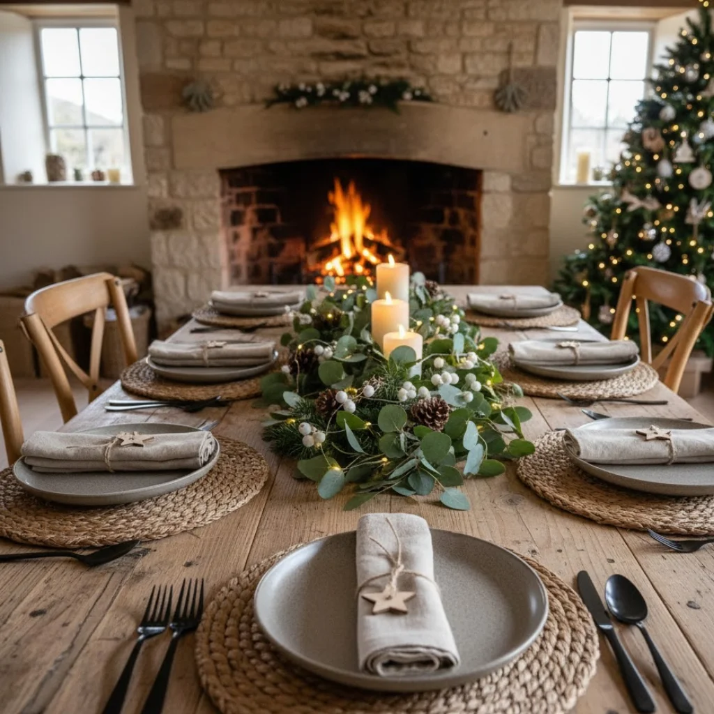 Rustic Christmas table with woven placemats, neutral napkins, and greenery centrepiece.
