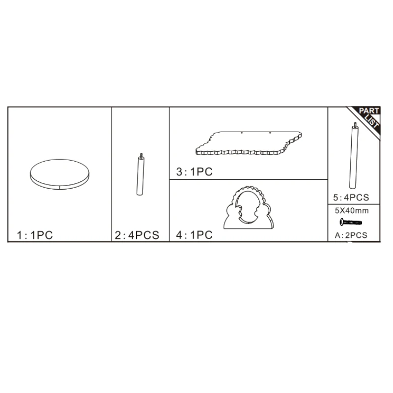 Organised layout of vanity set parts including stool seat, legs, tabletop, mirror backboard, and screws.