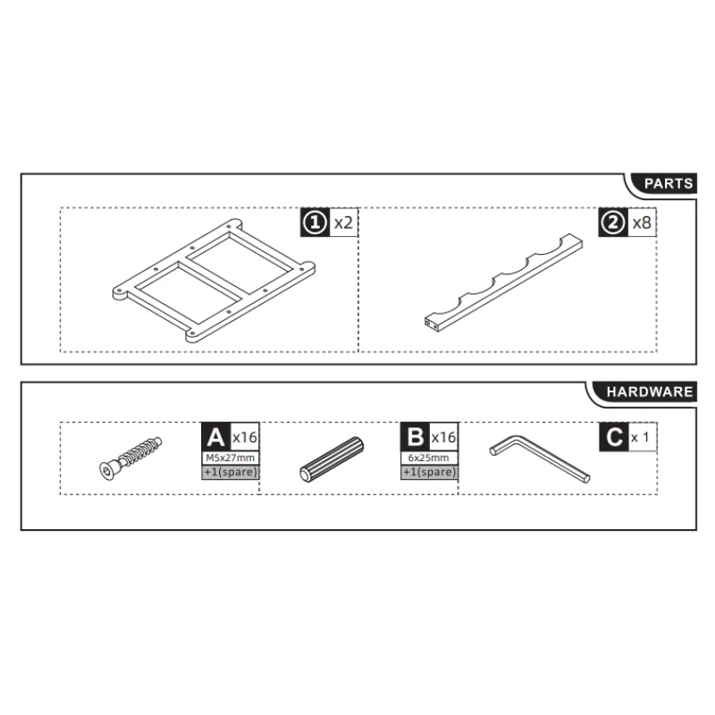 Wine rack parts and hardware displayed, including side frames, curved bars, screws, dowels, and Allen key.
