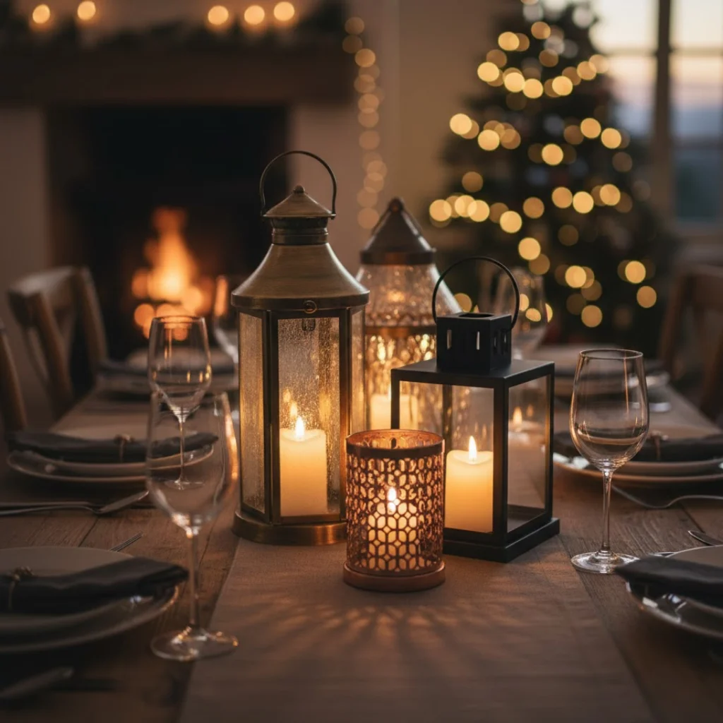 Christmas dining table decorated with assorted lanterns and warm candlelight.
