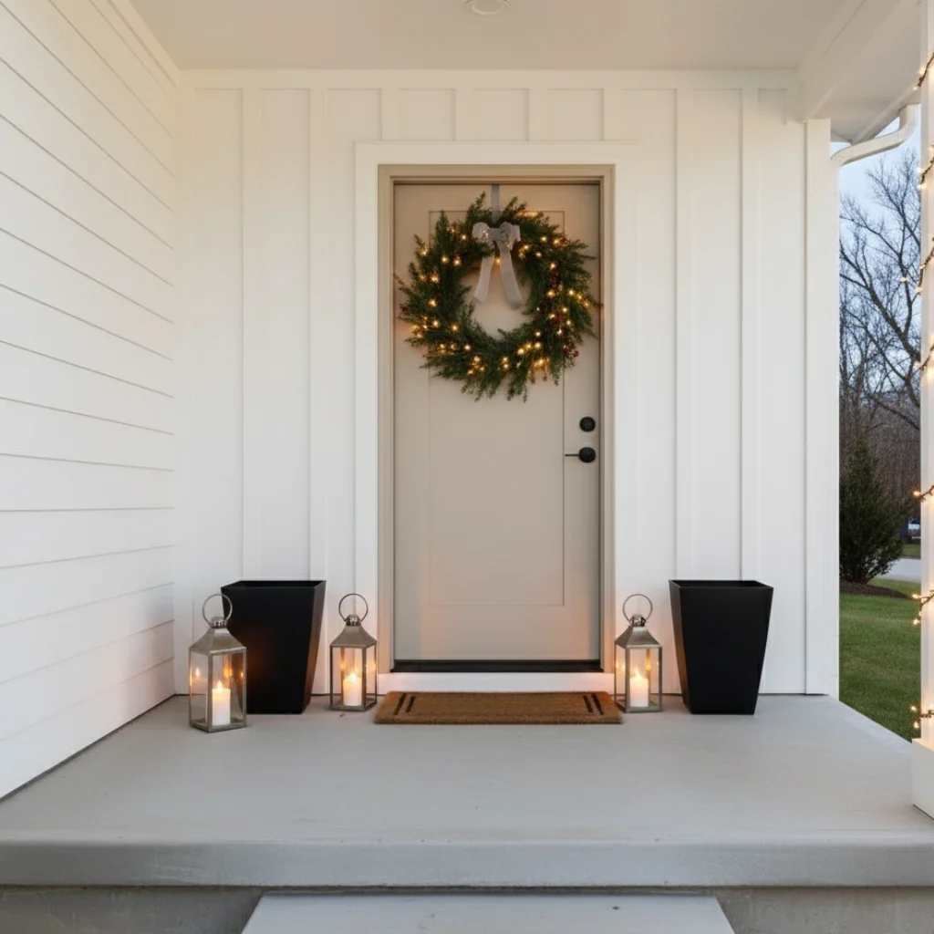 Front door with lit Christmas wreath and glowing lanterns.