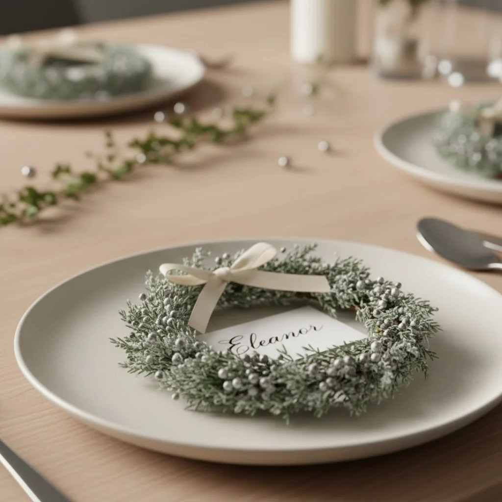 Minimalist Christmas table setting with frosted mini wreath place cards on white plates.
