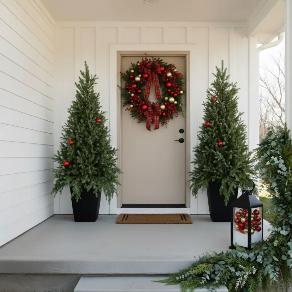 Christmas wreath and porch trees decorated with red ornaments.