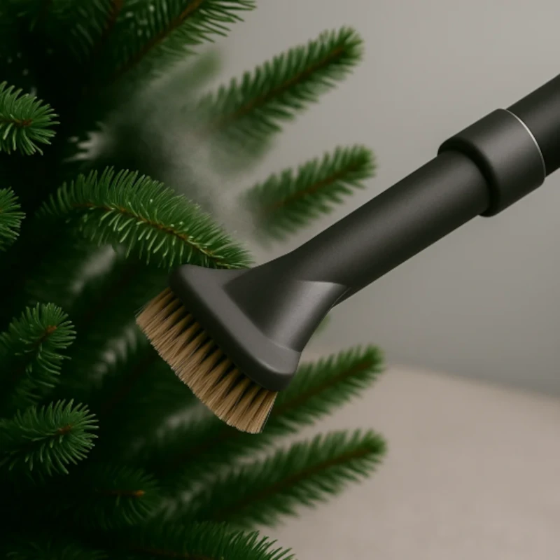 Vacuum brush gently removing dust from artificial Christmas tree branches.